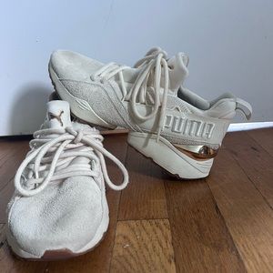 Puma Muse sneakers, lightly worn, beige and gold, size 9.5